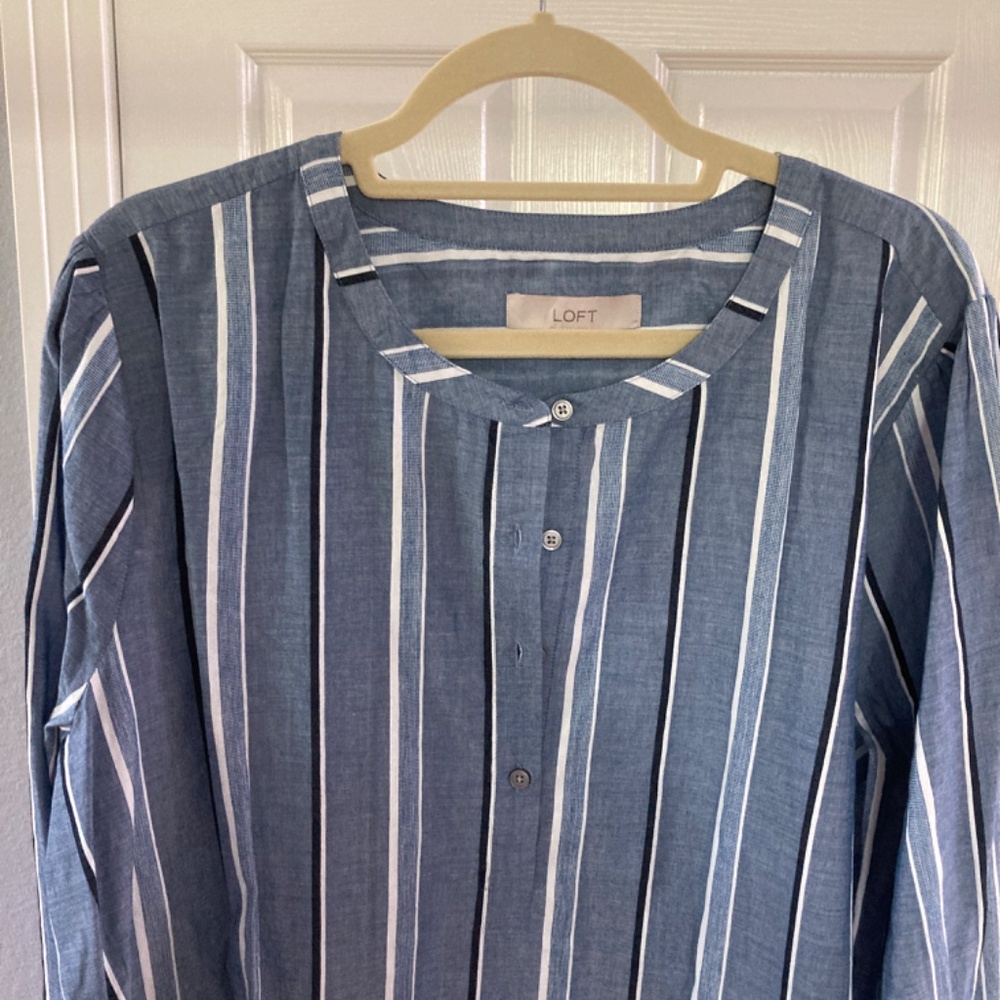 LOFT CHAMBRAY COTTON STRIPE LONG SLEEVE TOP POPOVER BUTTON UP PUFF SLEEVE XXL
